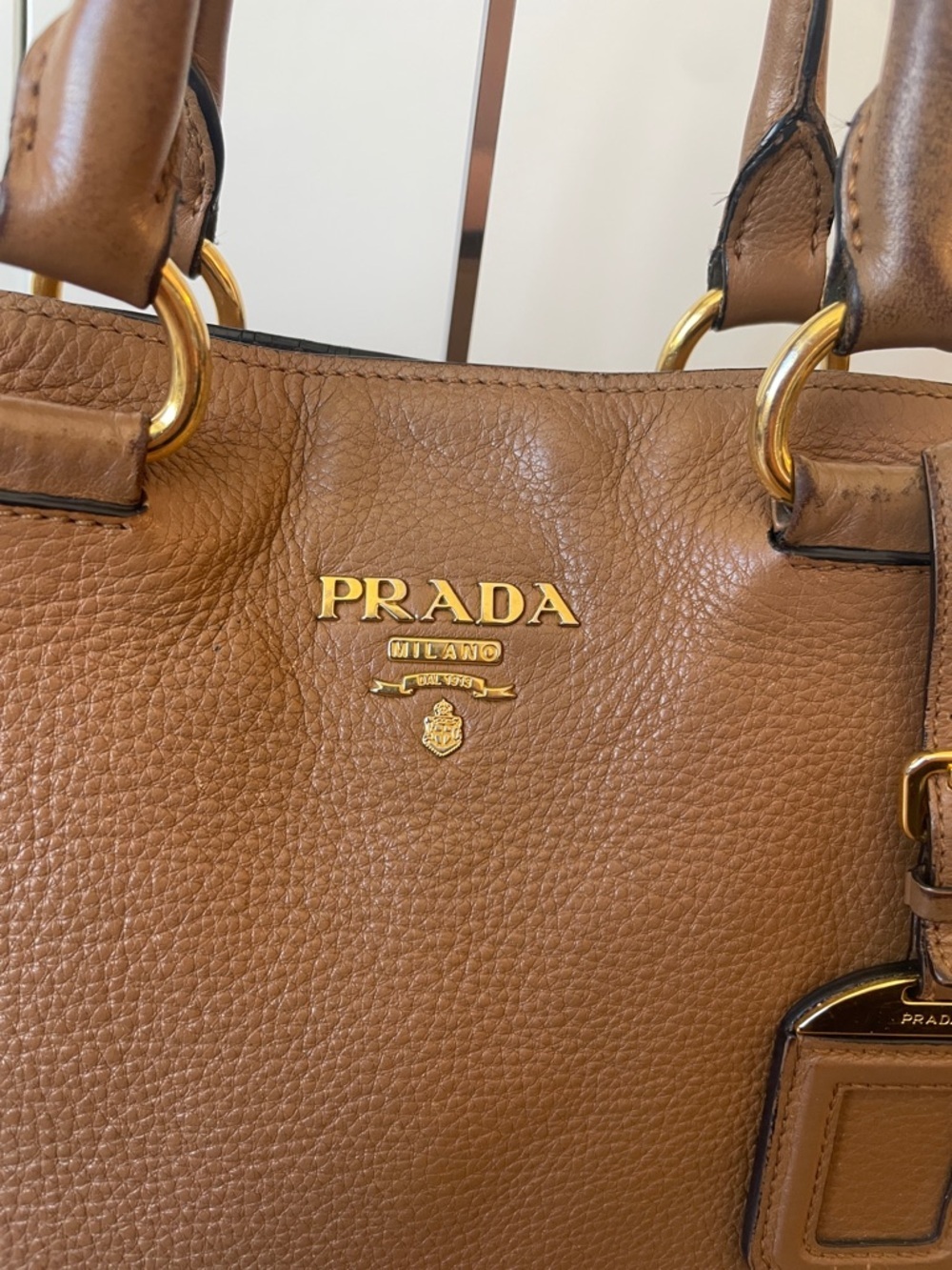 Prada Pebbled Leather Tote Bag Brown Gold Hardware | Large Work Tote Shoulder Ba - Picture 2 of 14